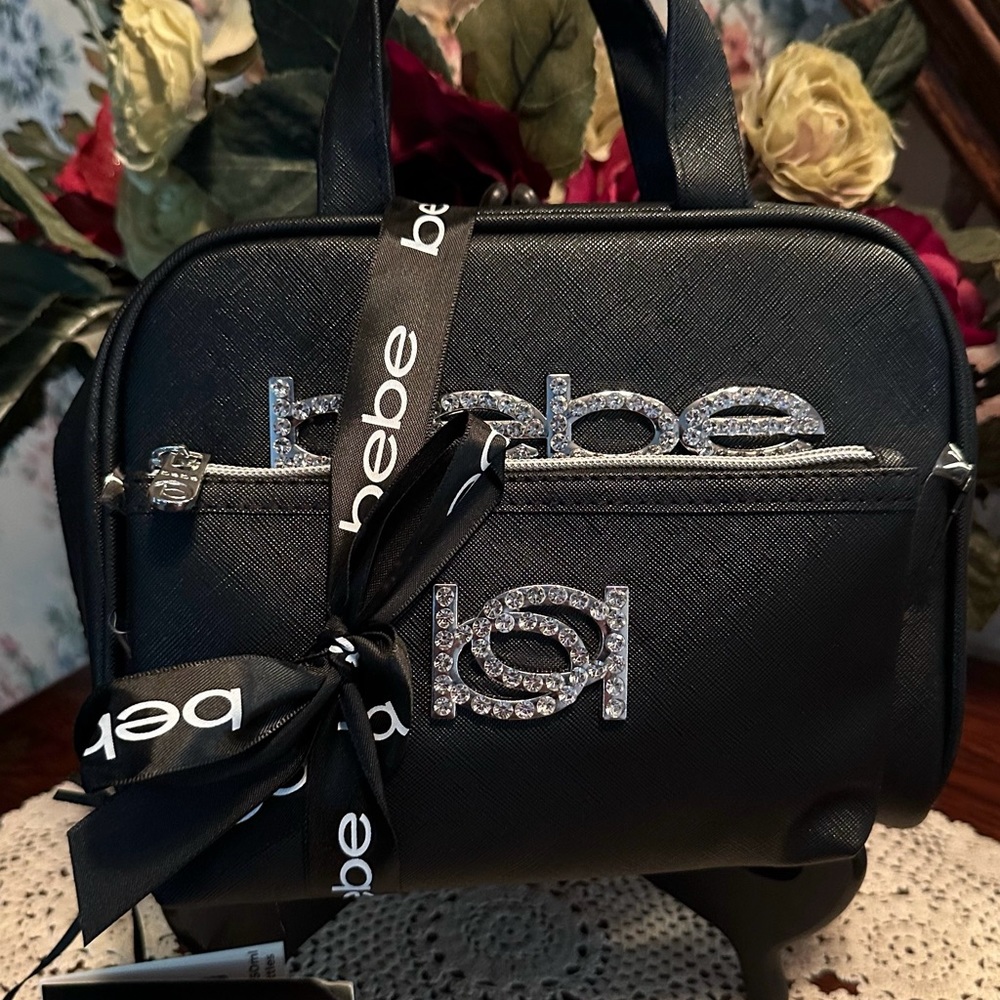 Bebe Cosmetic Bag & Pouch; Black Faux Lthr W/Rhinestones; Toiletry Bottles; NWT